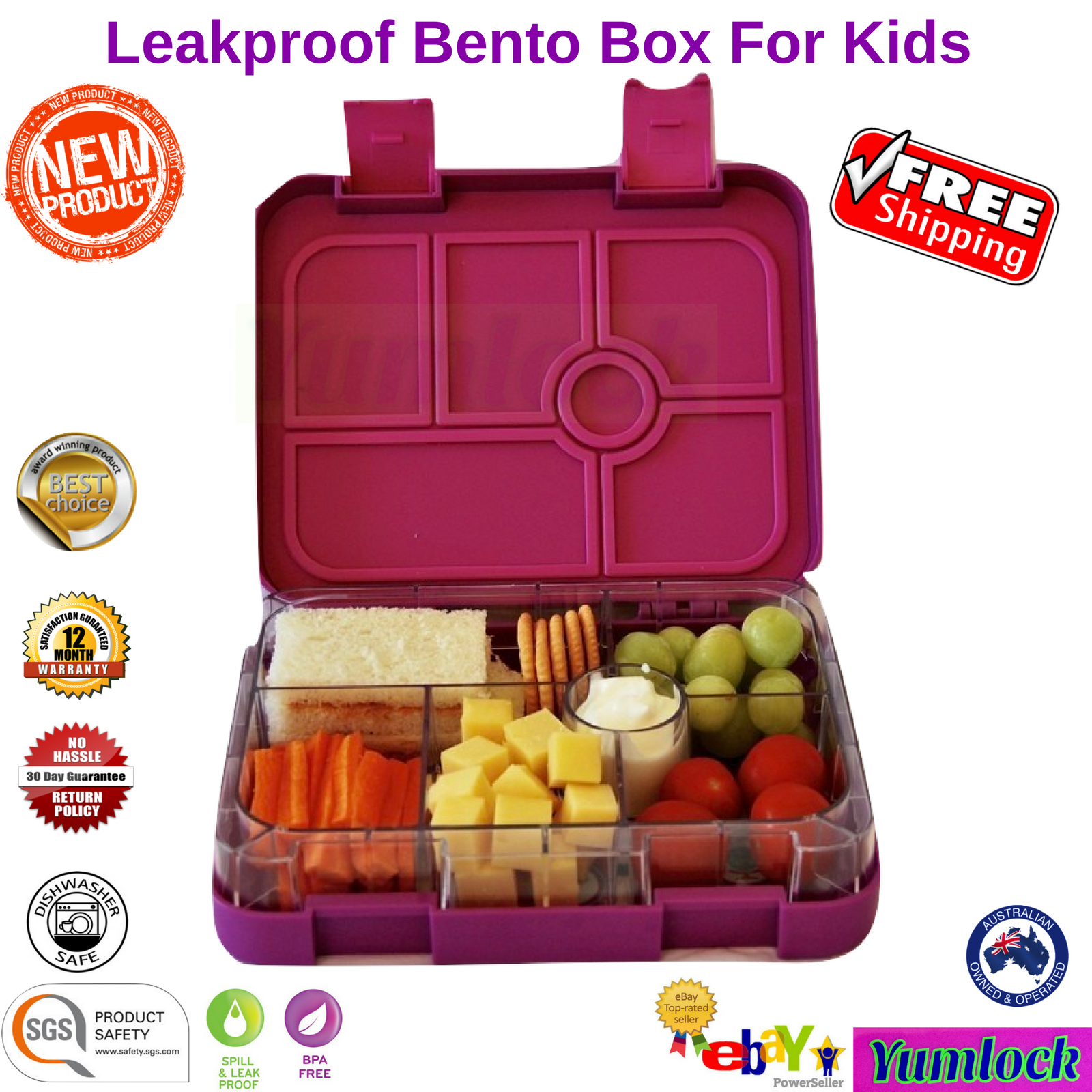 Bento Lunch Box Food Container School Picnic 6 Leakproof Compartments by Yumlock