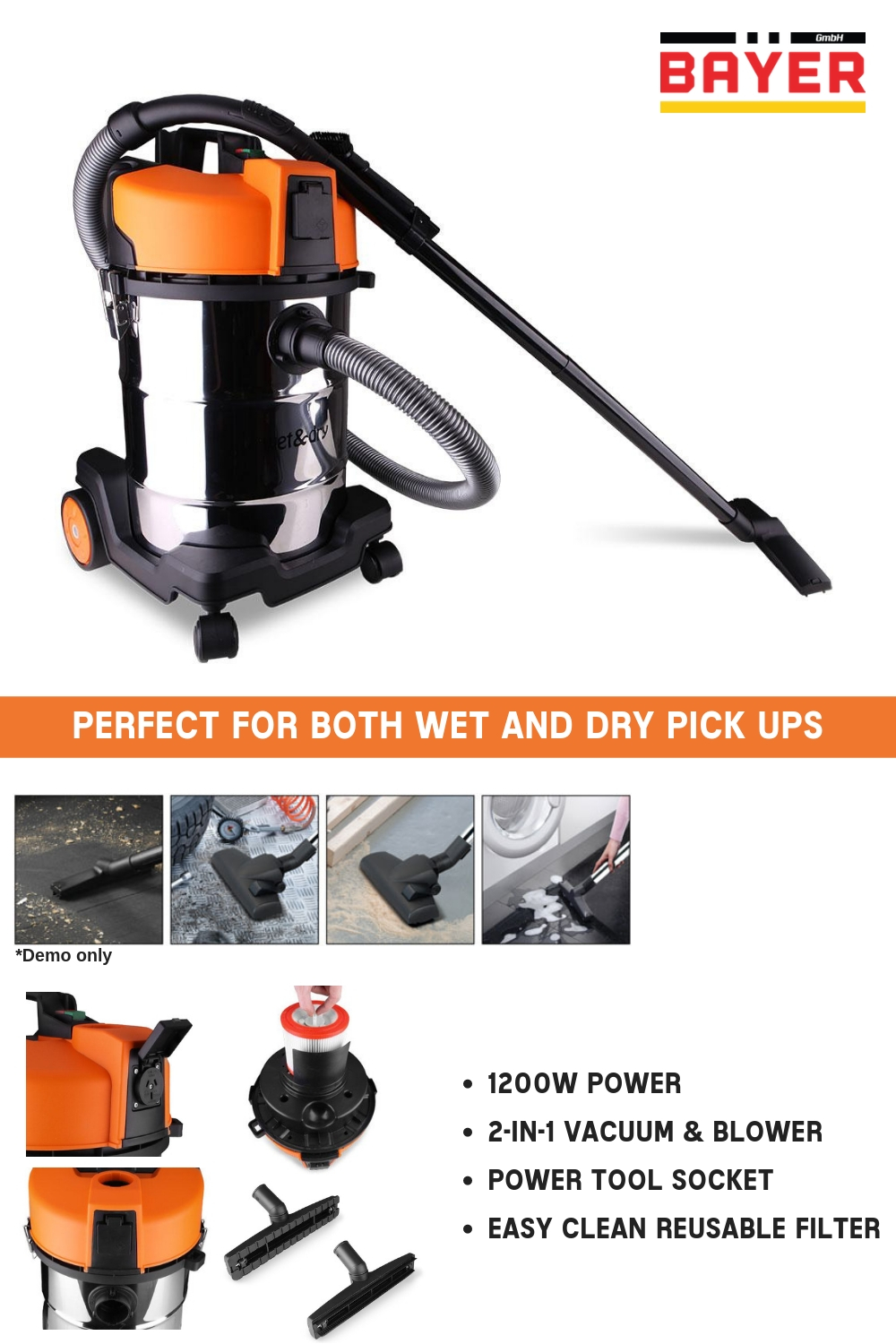 Bayer 30L Wet Dry Vacuum Cleaner Blower 1200W Industrial Bagless ...