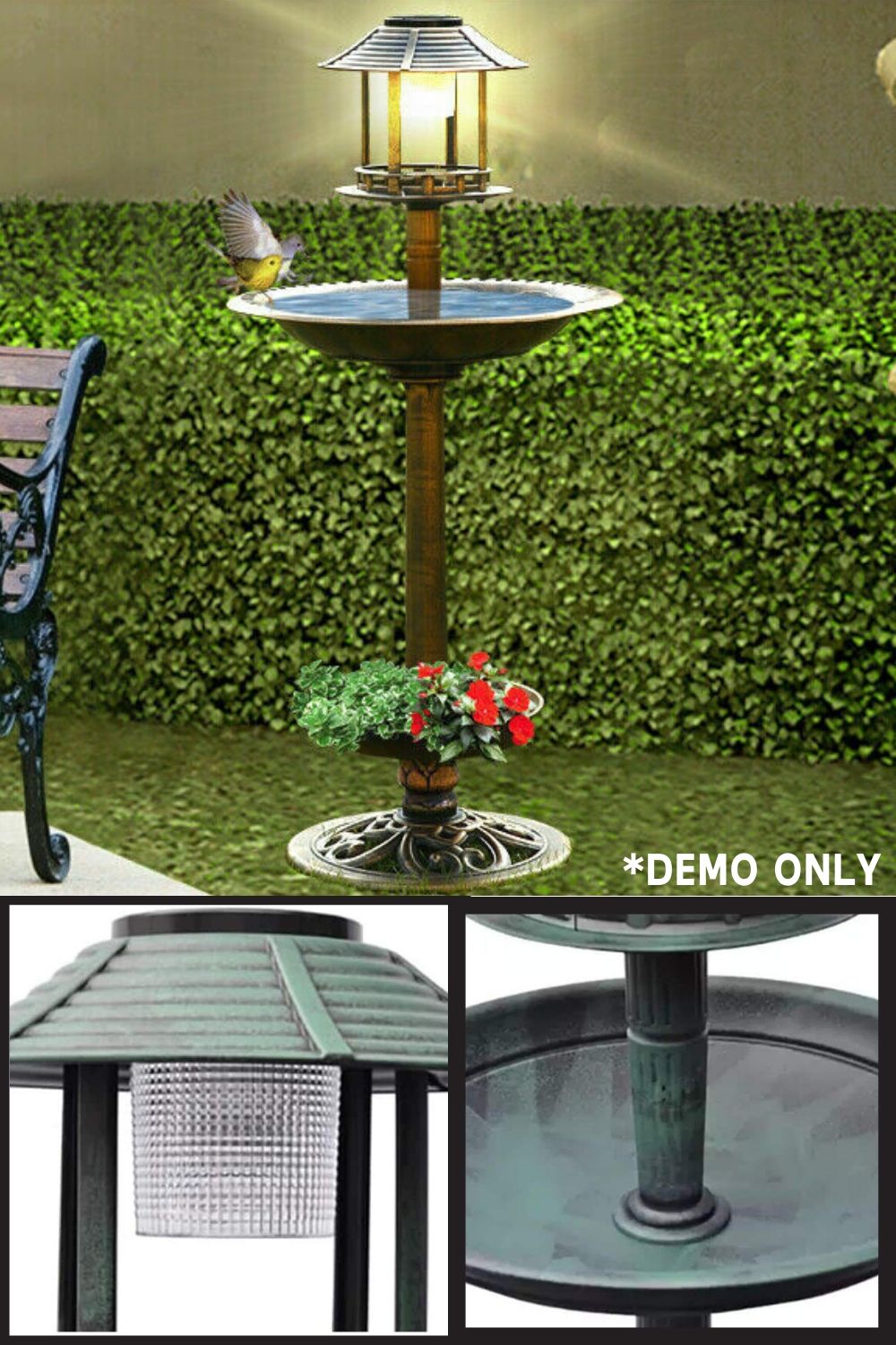 Bird Bath Feeder Outdoor Solar Light Home Garden Feature Decor Birdbath ...